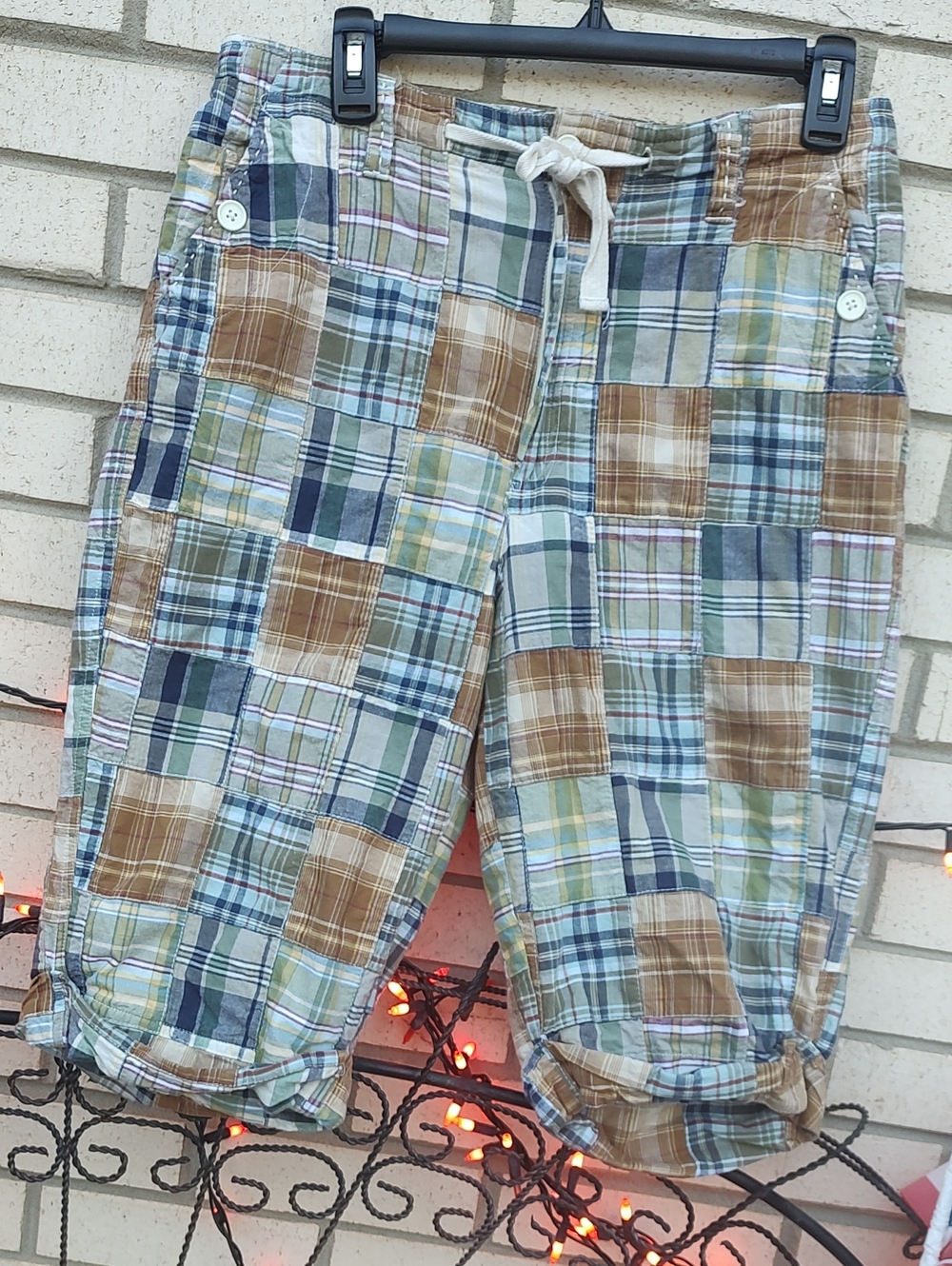 Kim Rogers Plaid Patchwork Capris in Blue, Brown & Green